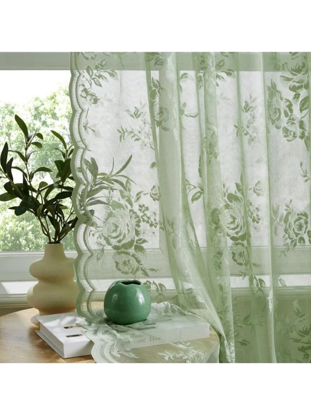 Sage Green Floral Lace Curtains 84
